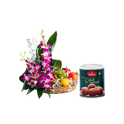 Mixed Flowers,2 Kg Mixed Fruits and 1 Kg Gulab Jamun