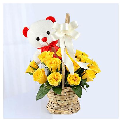 Basket of Yellow Roses with Teddy