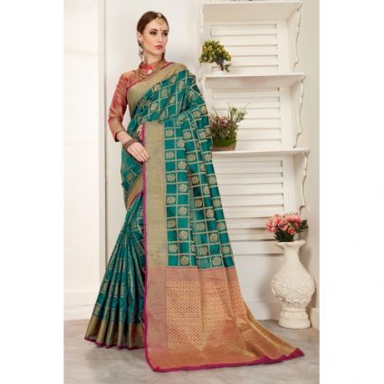 Teal Green Color Art Silk Thread Work Designer Saree