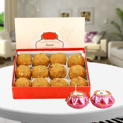 Box of Besan Laddu with Diya