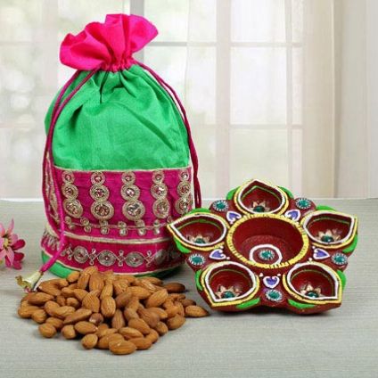 Flower Diya set with Pink & Green Designer