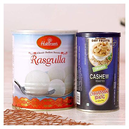 Can of Roasted Cashew Nuts with Tin Pack Rasgullas