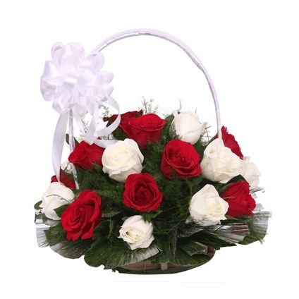 Basket of 30 red and white roses