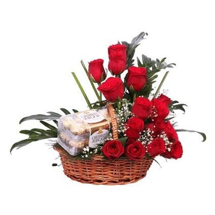 Basket of roses with ferrero rocher