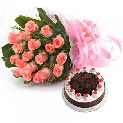 Pink Roses With Black Forest Cake