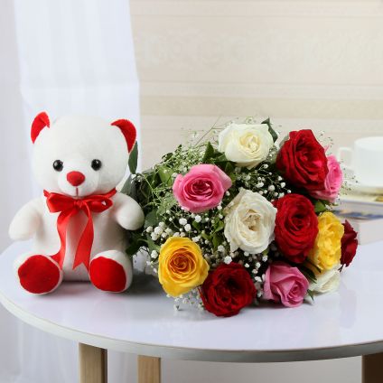 Mixed Roses N Teddy Bear