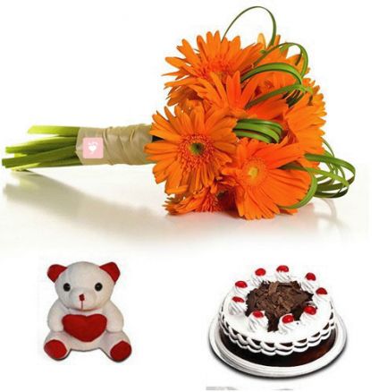 10 Orange Gerberas,500 gram Black Forest cake, 6 inch teddy bear