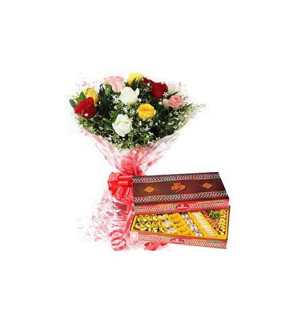 Bunch of 10 Mixed Roses with 1/2 Kg Mixed Sweets.