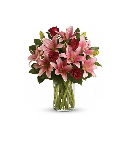 Pink lilies & red roses with vase