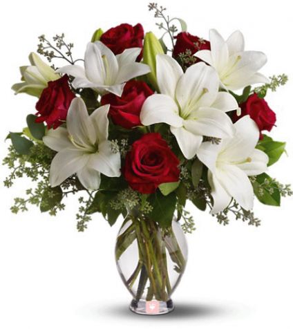 5 White lily and 10 Red Rose with vase