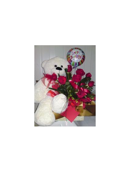 Large Teddy with 12 Red Roses and 6 pcs Balloons