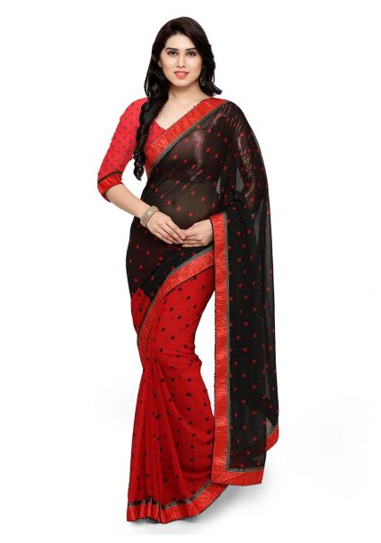 Red & Black Georgette Polka Dots Printed Saree