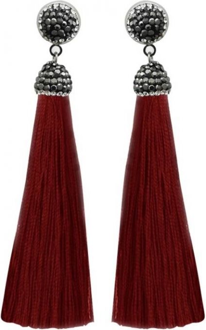 Marcasite Stone And Maroon Thread Rhodium Plated Tassel Earrings