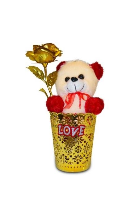 Golden Rose in Vase with Soft Toy